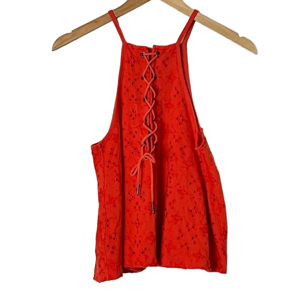 Free People | Dream Date orange cutaway eyelet lace back tank top size m…